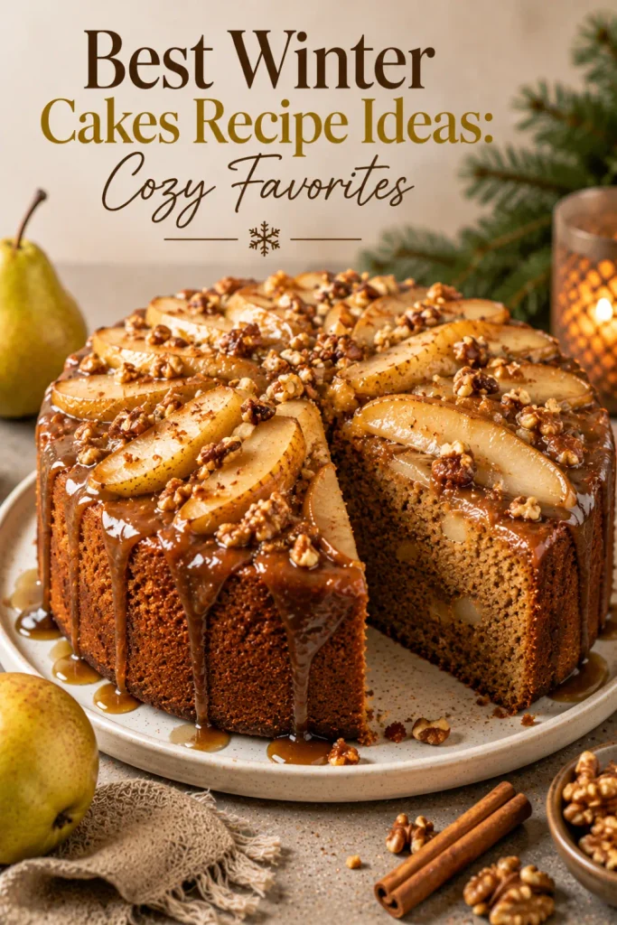 Cozy spiced pear cake topped with tender pears, glossy brown sugar glaze, and walnuts for Best Winter Cakes Recipe Ideas: Cozy Favorites.