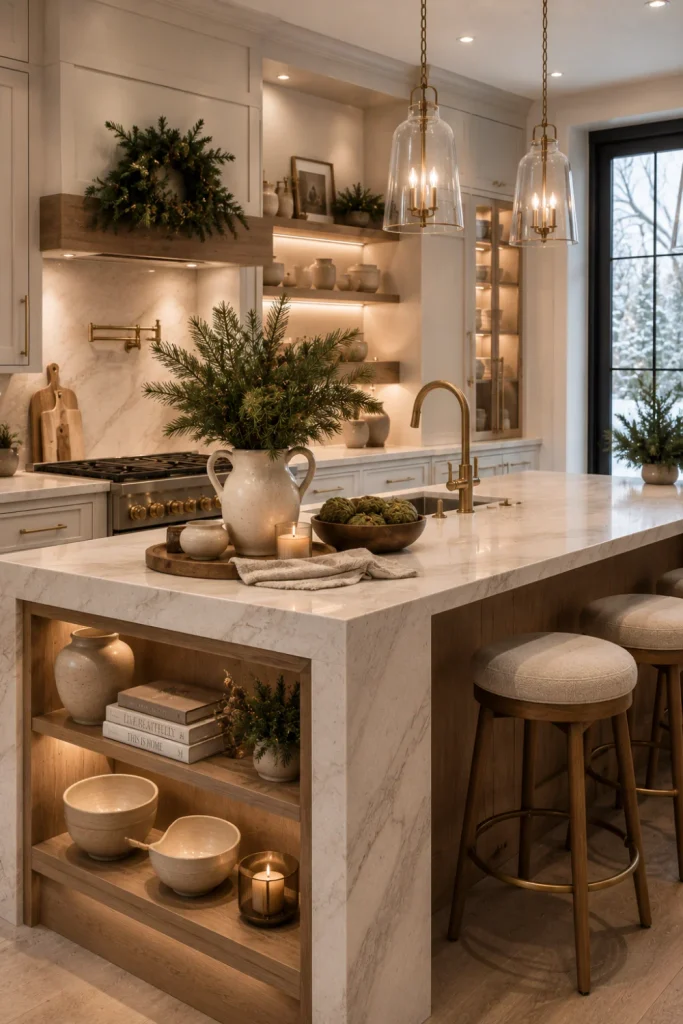 Cozy modern winter kitchen with linen towels, wooden boards, ceramic vessels, seasonal greenery, warm cabinets, candles, and contemporary lighting.