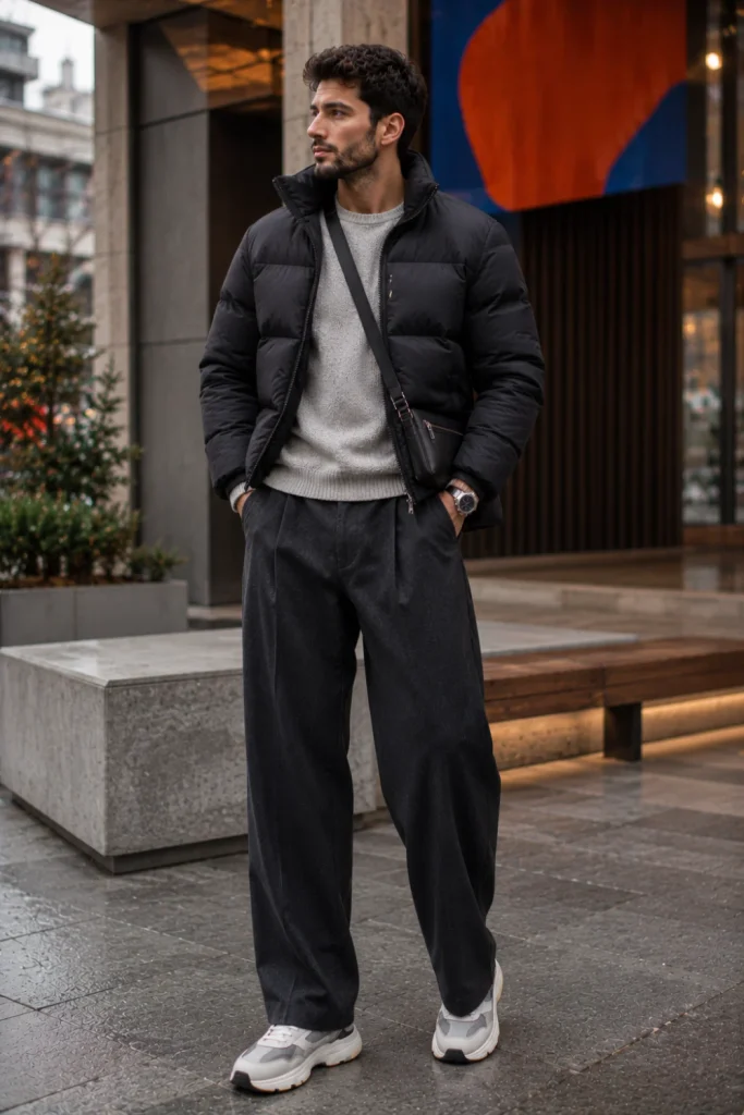 A contemporary man wearing a sleek black puffer jacket, neutral knit sweater, wide-leg trousers, and minimalist sneakers in modern 2026 winter fashion.