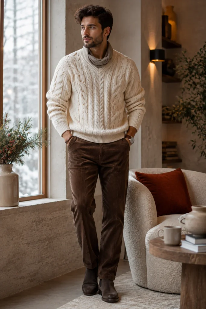 A stylish man wearing an ivory cable-knit sweater, warm brown corduroy pants, and suede boots in a sophisticated contemporary winter setting.