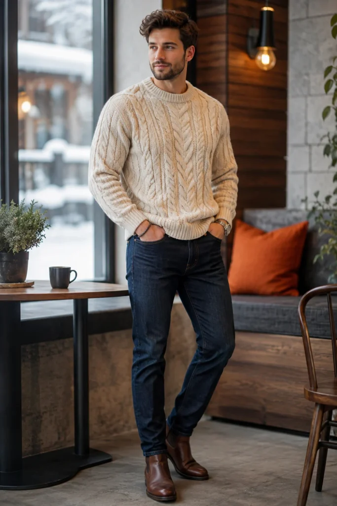 Modern man wearing a chunky oatmeal knit sweater with straight-leg dark denim jeans and leather boots in a stylish 2026 winter fashion setting.