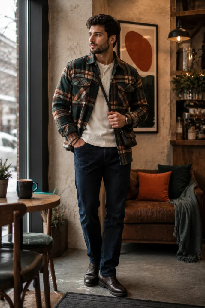 Trendy man wearing a rich plaid flannel overshirt over a fitted thermal tee with straight-leg jeans and modern winter boots.