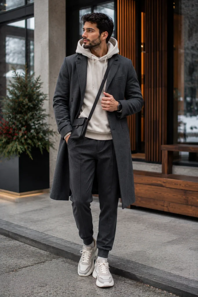 Trendy man wearing a structured long wool coat, neutral hoodie, tailored joggers, and clean sneakers for a polished 2026 winter streetwear look.