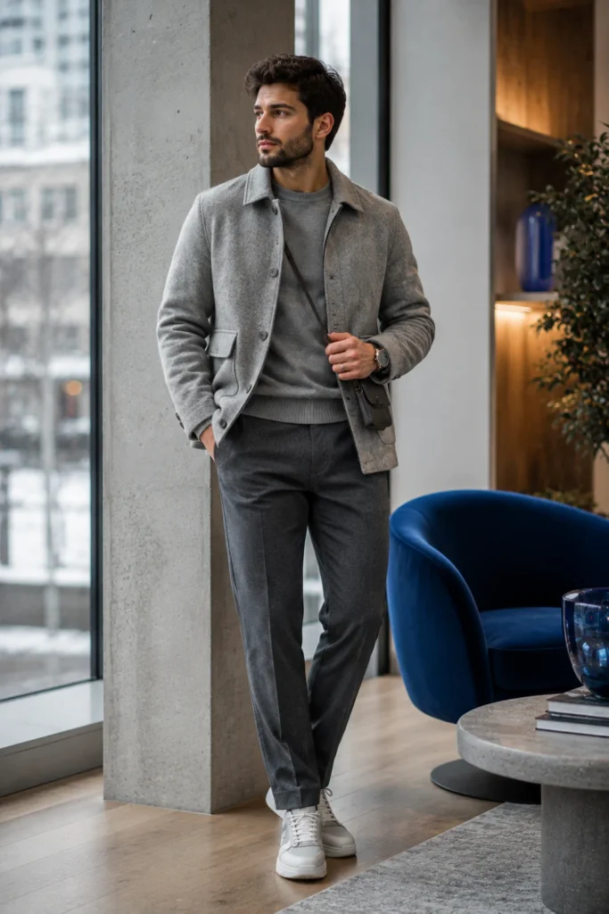 Stylish modern man wearing layered charcoal and soft gray winter pieces with minimal cream sneakers in a contemporary 2026 fashion setting.