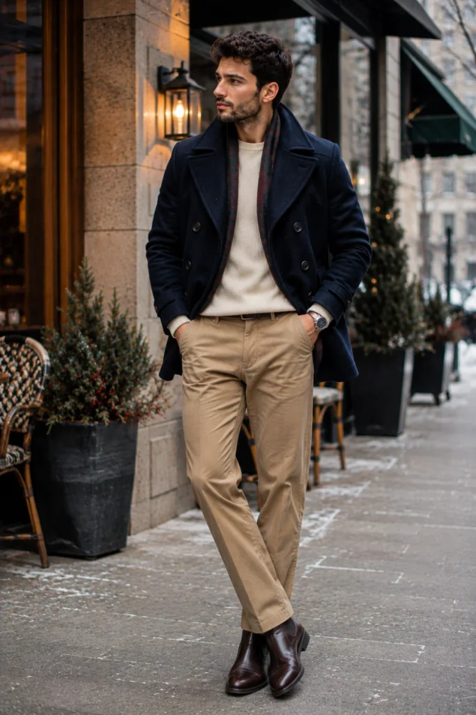 A stylish modern man wearing a navy peacoat, cream ribbed sweater, tailored chinos, and brown leather boots in an elegant 2026 winter setting.