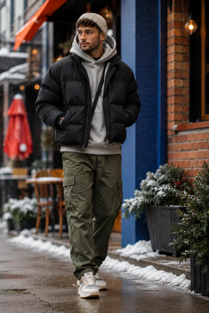 A trendy young man wearing a modern black puffer jacket, neutral hoodie, olive cargo pants, and chunky sneakers in a colorful winter streetwear setting.