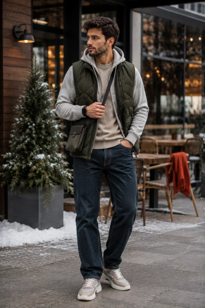Modern man wearing a quilted vest over a hoodie and knit sweater with relaxed jeans and stylish sneakers in a contemporary winter setting.