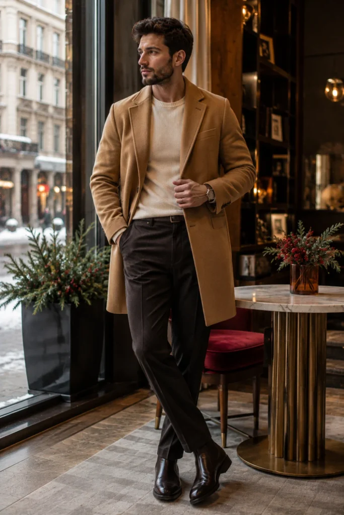 Modern man wearing a quilted vest over a hoodie and knit sweater with relaxed jeans and stylish sneakers in a contemporary winter setting.
