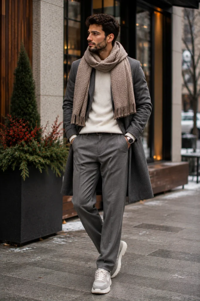 Modern man wearing neutral winter basics with a textured wool scarf, tailored trousers, minimalist shoes, and contemporary 2026 accessories.