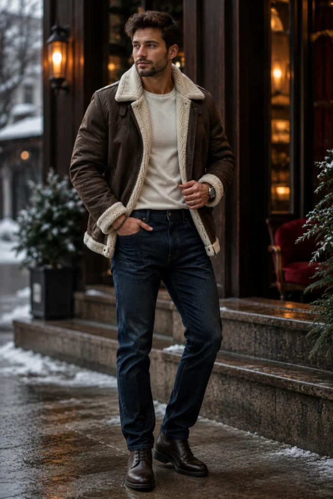 A contemporary man wearing a rich brown shearling jacket, dark denim jeans, and sturdy leather boots styled for a polished 2026 winter look.