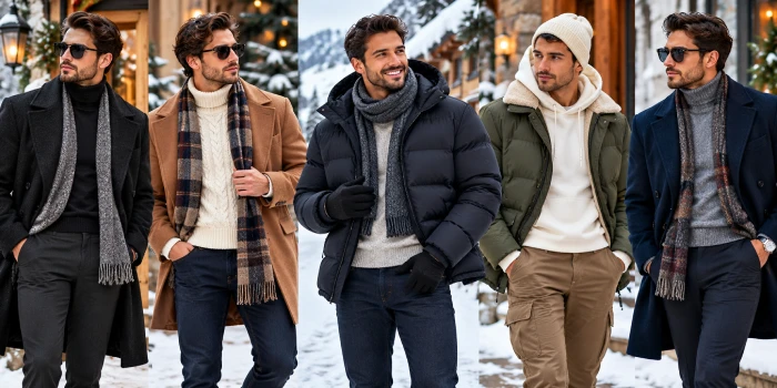 Stylish men wearing cozy winter outfits with wool coats, knit sweaters, scarves, puffer jackets, neutral layers, and modern cold-weather accessories in a snowy outdoor setting.