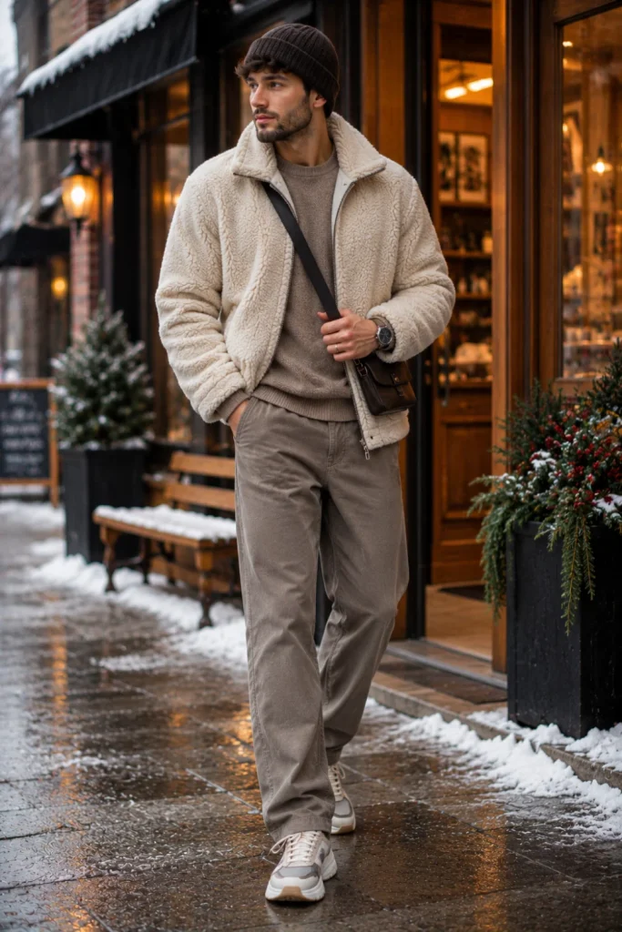 A cozy modern man wearing a cream teddy fleece jacket, knit beanie, relaxed trousers, and contemporary sneakers in colorful winter street style.