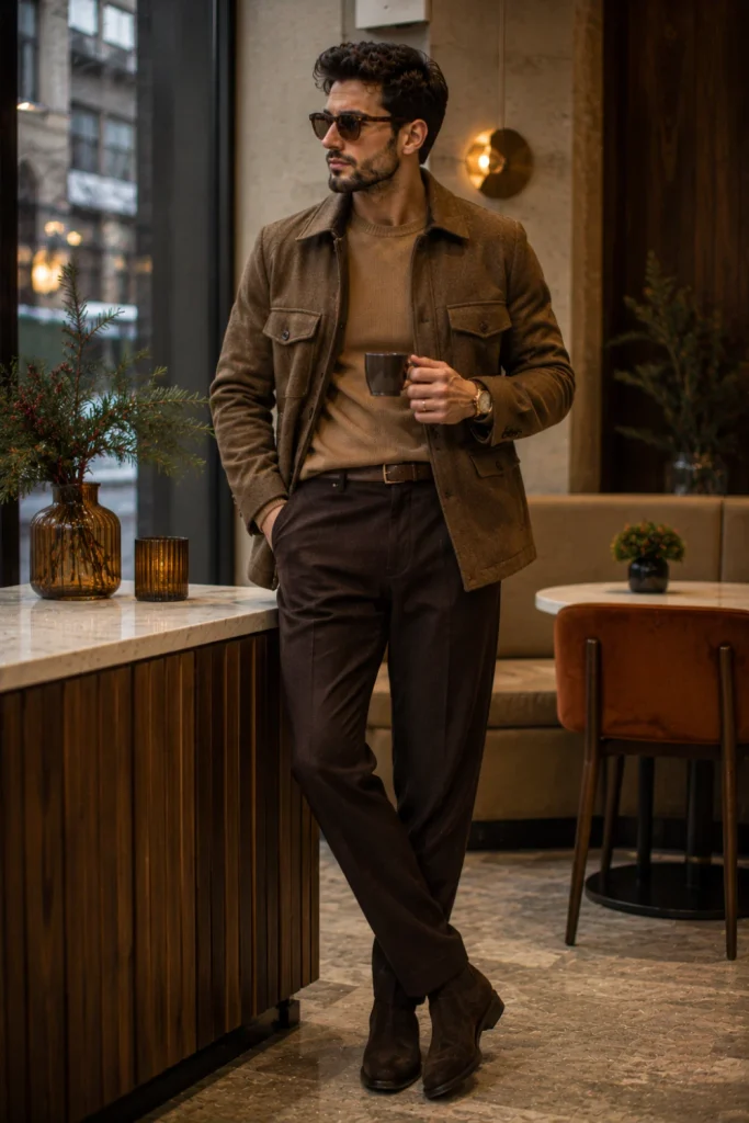 Fashionable man wearing tonal camel and chocolate-brown winter layers with tailored trousers and suede boots in a chic contemporary setting.