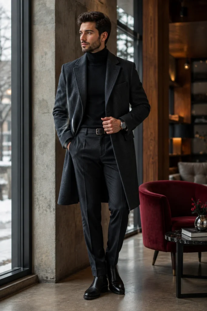 Sophisticated man in a charcoal wool overcoat, black turtleneck, tailored trousers, and polished leather shoes styled for contemporary winter fashion.