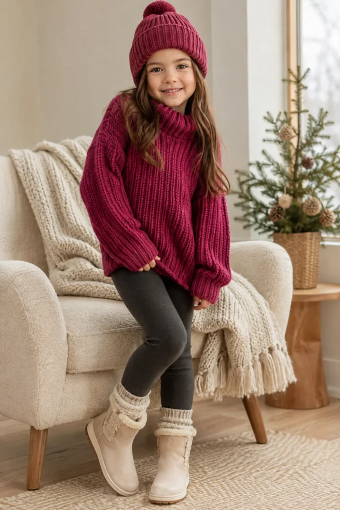 Cozy winter outfit for kids featuring a chunky knit sweater, fleece-lined leggings, winter boots, and a modern knit hat in a colorful Pinterest-style setting.