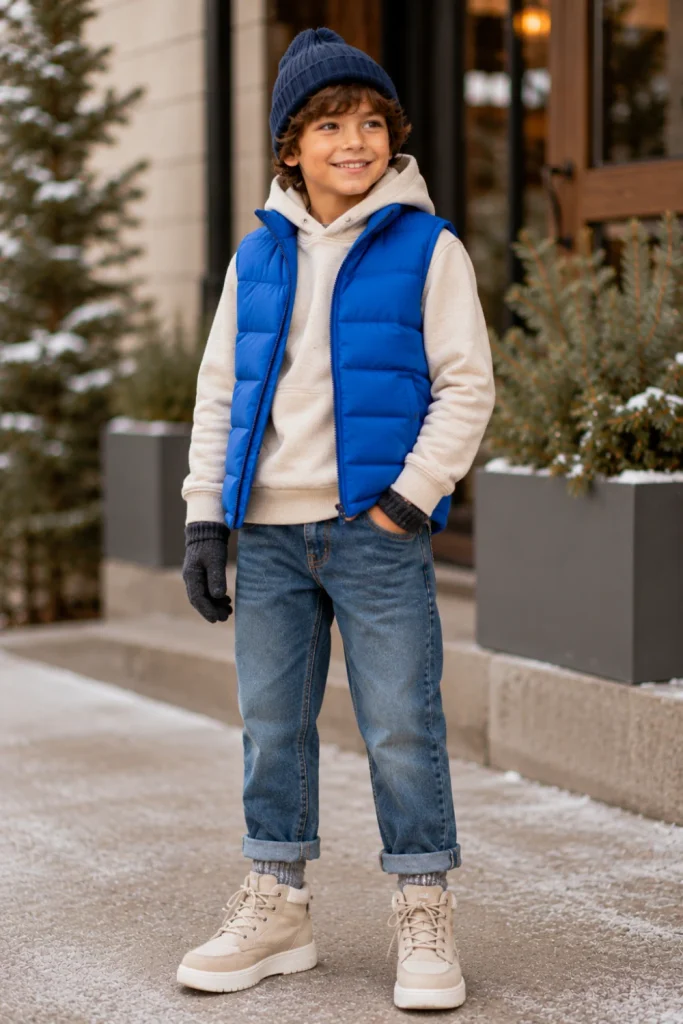 Colorful cozy winter outfit for kids featuring a bright puffer vest, soft hoodie, cuffed jeans, modern winter shoes, and stylish accessories.
