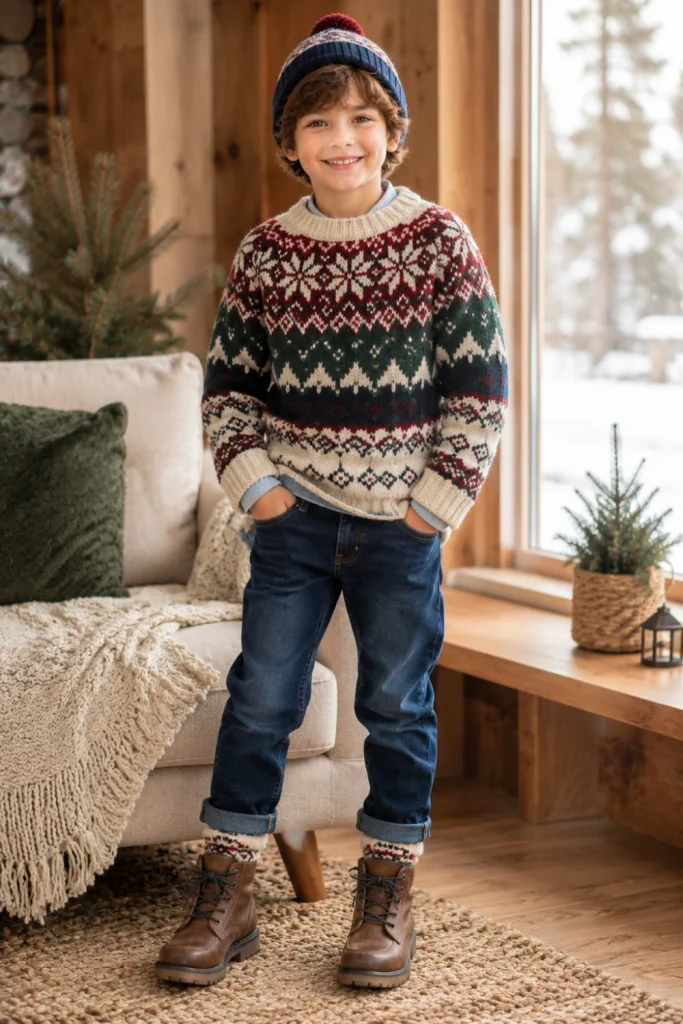 Cozy winter outfit for kids featuring a Fair Isle patterned sweater, warm denim jeans, sturdy winter boots, and seasonal accessories in a colorful modern setting.