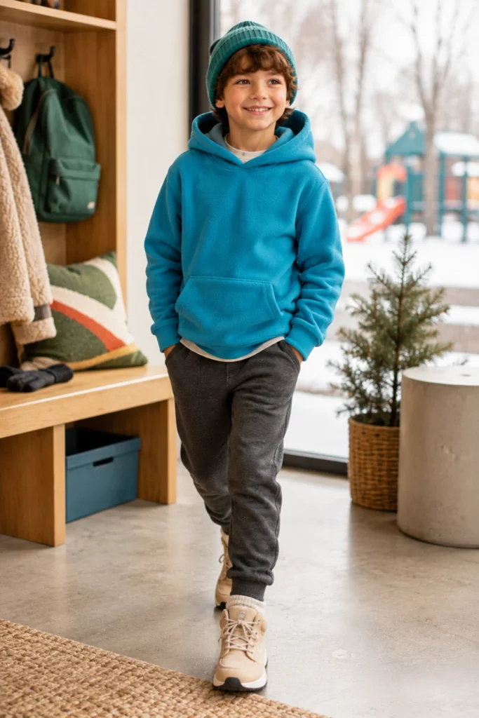 Relaxed cozy winter outfit for kids featuring a fleece hoodie, soft joggers, a ribbed beanie, and practical winter footwear in a trendy Pinterest setting.