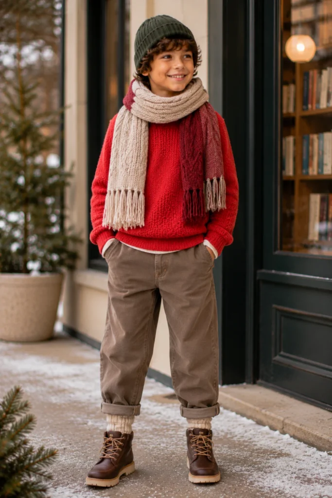 Cozy everyday winter outfit for kids featuring a textured sweater, layered scarf, cuffed pants, warm socks, and modern winter boots in a colorful Pinterest setting.