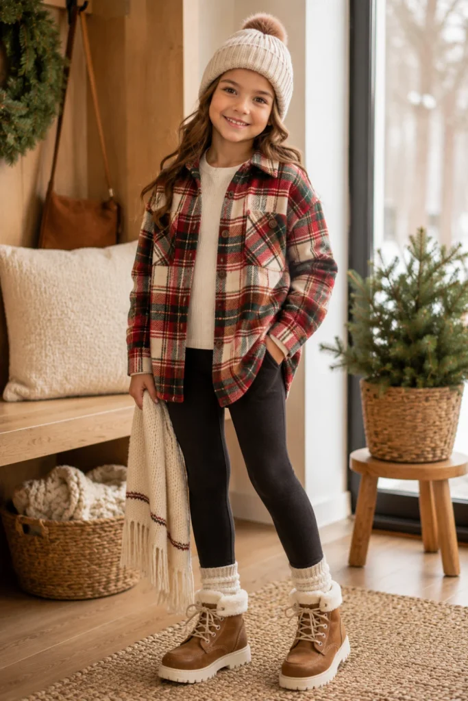 Trendy cozy winter outfit for kids featuring a plaid shacket, thermal top, fleece leggings, winter boots, and modern accessories in a colorful Pinterest setting.
