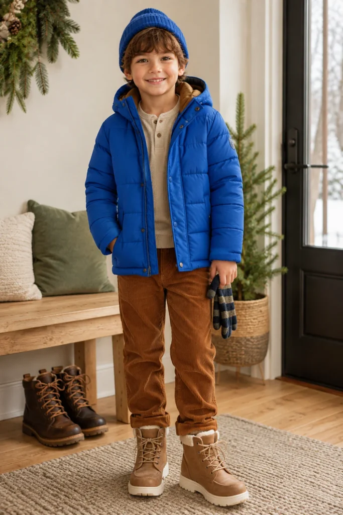 Modern cozy winter outfit for kids with a quilted puffer jacket, corduroy pants, warm layers, and winter footwear in a bright contemporary Pinterest setting.