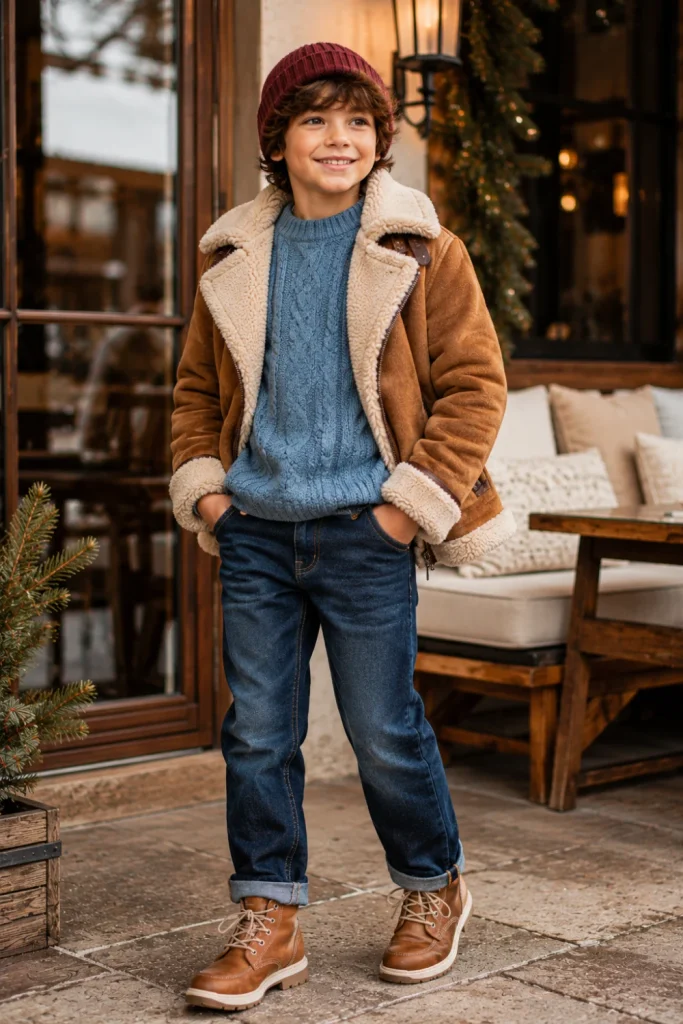 A stylish cozy winter outfit for kids featuring a shearling jacket, cable-knit sweater, classic jeans, warm boots, and modern seasonal accessories.