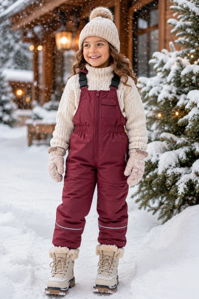 Warm snowy-day outfit for kids featuring a knit sweater, insulated snow bib, winter boots, and cozy accessories in a bright modern Pinterest scene.