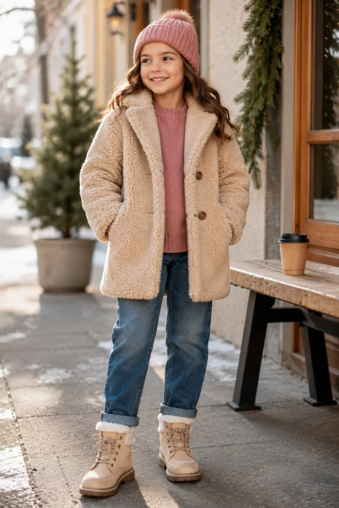 Cute cozy winter outfit for kids featuring a teddy coat, relaxed jeans, modern winter boots, and warm layered accessories for a stylish Pinterest look.