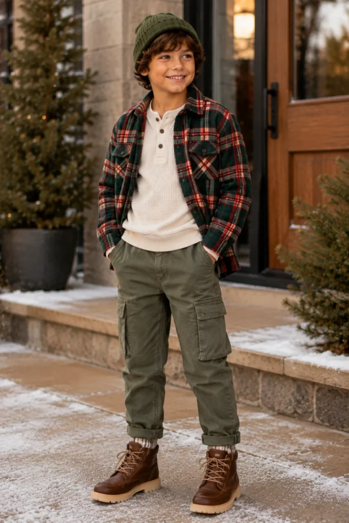 Modern cozy winter outfit for kids with a thermal Henley, layered flannel shirt, relaxed cargo pants, warm boots, and trendy winter accessories.
