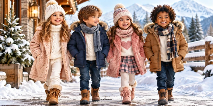 Four happy children wearing cozy winter outfits including knit sweaters, scarves, pom-pom hats, warm coats, and winter boots while walking through a snowy outdoor setting.