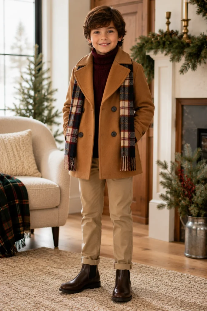 Polished cozy winter outfit for kids with a wool peacoat, turtleneck, chinos, winter boots, and refined accessories for a modern seasonal look.