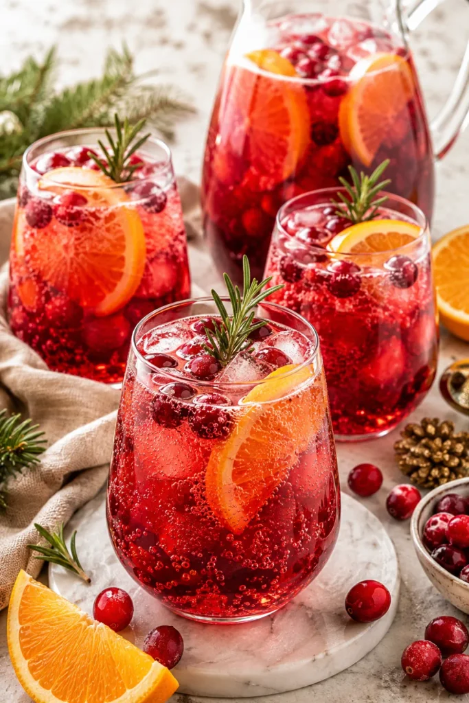 Festive cranberry orange spritzer with sparkling water, citrus slices, and fresh cranberries in a colorful winter party setup.