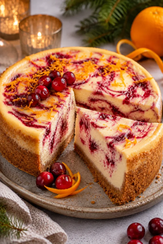 Cranberry orange winter cheesecake with festive cranberry swirls, orange zest, creamy filling, and a buttery crust.