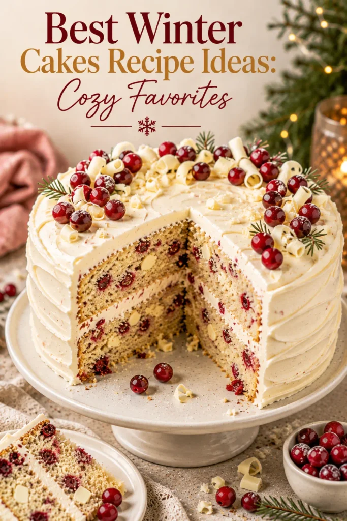 Festive cranberry white chocolate cake with creamy frosting, white chocolate pieces, and fresh cranberries for Best Winter Cakes Recipe Ideas: Cozy Favorites.