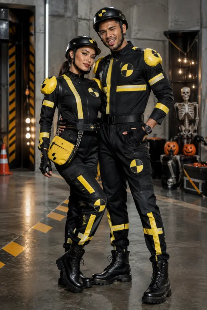 Playful modern Crash Test Dummies-inspired Halloween duo in coordinated black safety outfits with bright yellow accents, helmets, playful accessories, and humorous posing.