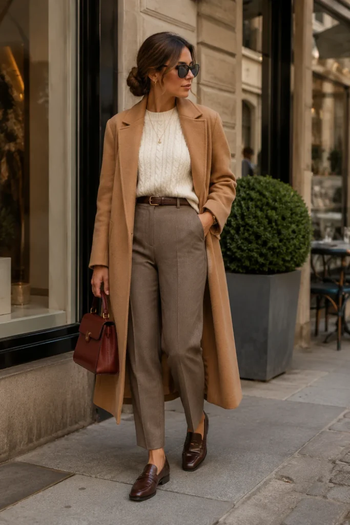 An elegant cream cable-knit sweater, camel coat, tailored trousers, and leather loafers styled as a modern old-money winter outfit for 2026.