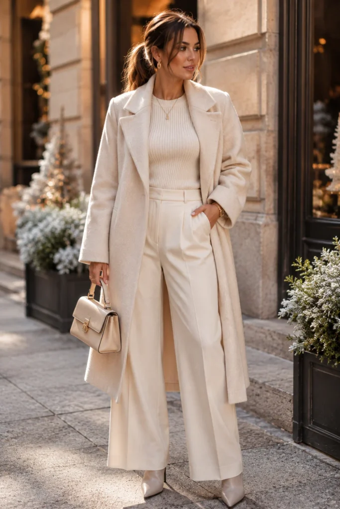 A chic woman in a cream and ivory monochrome winter outfit with wide-leg trousers, a soft coat, pointed boots, and tonal accessories.