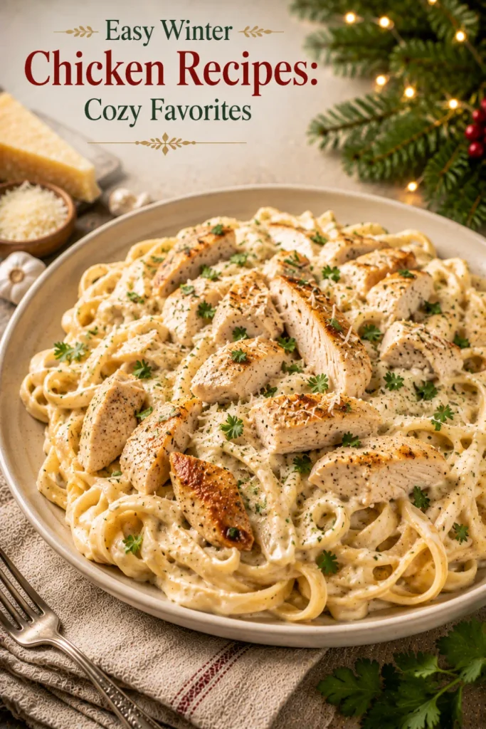 Creamy chicken pasta with tender golden chicken, garlic Parmesan cream sauce, herbs, and pasta, styled as a cozy winter dinner.