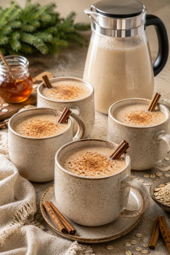 Creamy cinnamon oat drink with vanilla, maple, and cinnamon served warm in stylish mugs for cozy winter hosting.