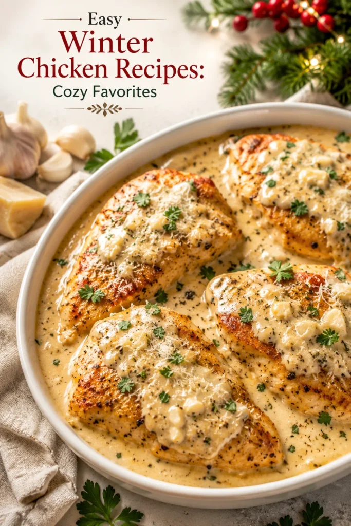 Creamy garlic chicken with tender golden chicken breasts in a rich Parmesan garlic cream sauce, styled as a cozy winter dinner.
