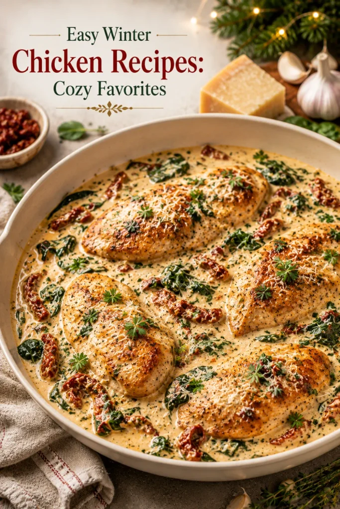 Creamy Tuscan chicken with golden chicken, spinach, sun-dried tomatoes, garlic, Parmesan, and a rich cream sauce in a cozy winter setting.