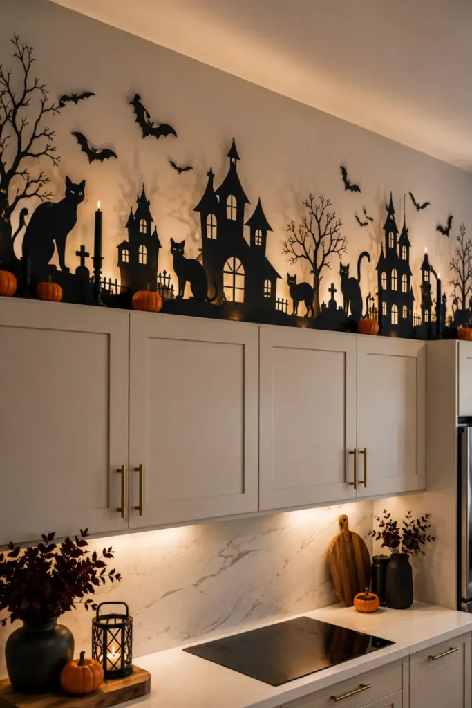 Creative Halloween Above-Kitchen-Cabinet Ideas with black cat, bat, and haunted-house silhouettes styled across modern kitchen cabinets with warm lighting.