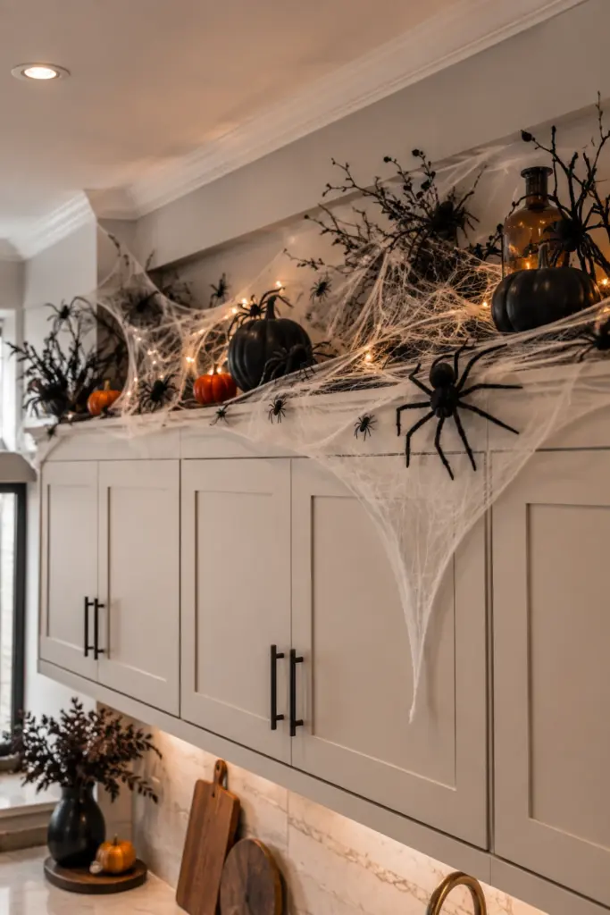 Creative Halloween Above-Kitchen-Cabinet Ideas featuring layered faux spiderwebs and oversized black spiders arranged across modern kitchen cabinets.