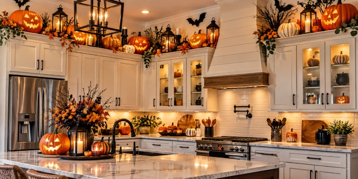 Creative Halloween above-kitchen-cabinet ideas featuring pumpkins, glowing lanterns, bats, autumn garlands, and stylish spooky kitchen decor