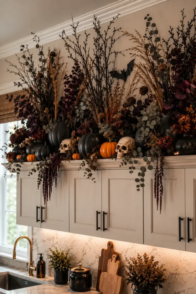 Creative Halloween Above-Kitchen-Cabinet Ideas featuring dried black branches, dark florals, moody foliage, and pumpkins in a sophisticated modern kitchen.