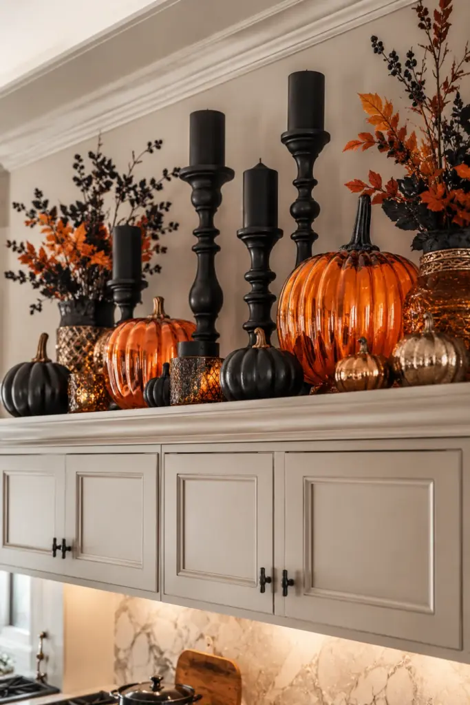 Creative Halloween Above-Kitchen-Cabinet Ideas with black candlesticks, orange glass pumpkins, and metallic accents in an elegant modern kitchen.