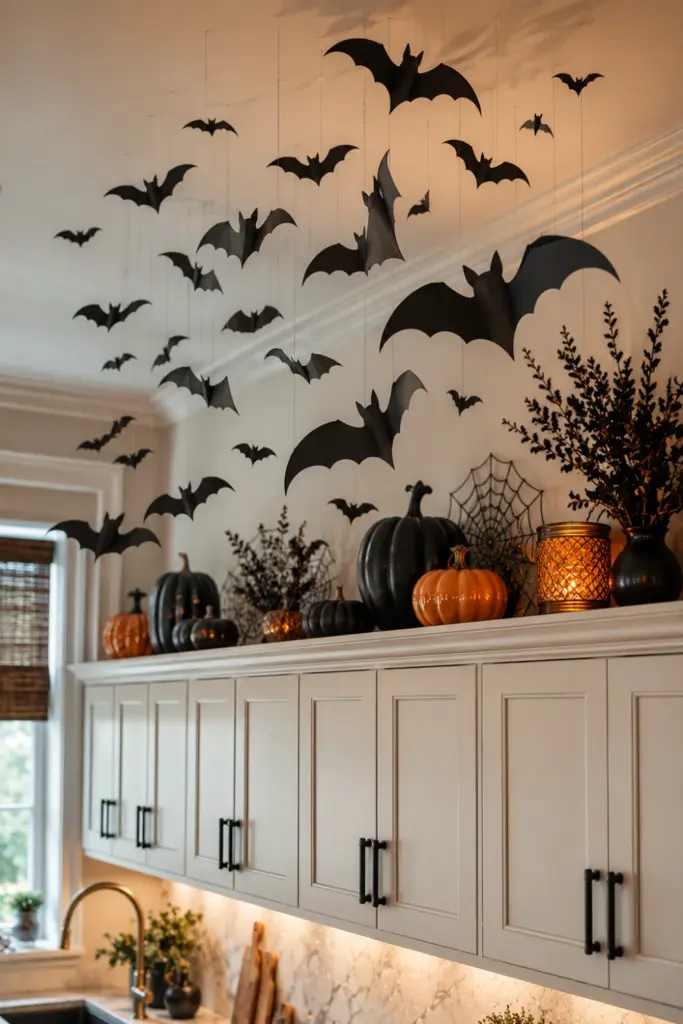 Creative Halloween Above-Kitchen-Cabinet Ideas featuring a cascading flying bat mobile suspended above modern kitchen cabinets with warm Halloween lighting.