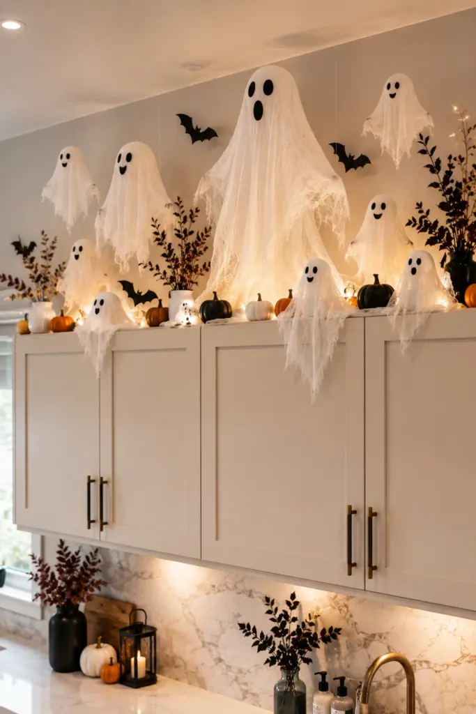 Creative Halloween Above-Kitchen-Cabinet Ideas featuring charming floating white fabric ghosts with layered heights in a stylish contemporary kitchen.