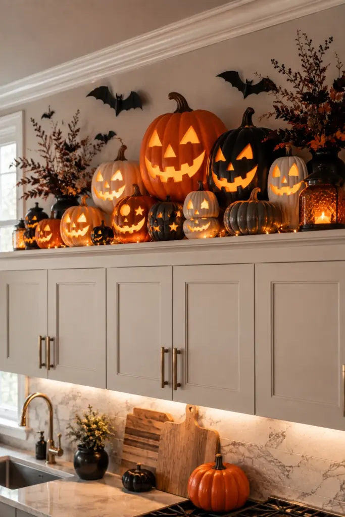 Creative Halloween Above-Kitchen-Cabinet Ideas featuring glowing jack-o'-lanterns, warm orange lighting, and layered pumpkin décor in a modern kitchen.