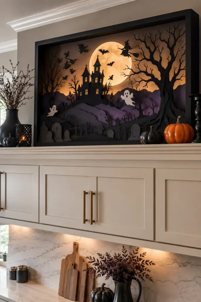 Creative Halloween Above-Kitchen-Cabinet Ideas featuring a layered haunted silhouette shadow box with witches, ghosts, trees, bats, and a glowing full moon.